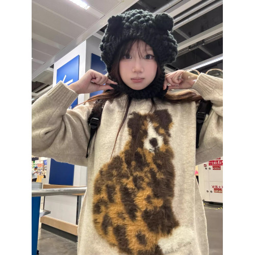 美式馬海毛小狗印花針織套頭毛衣女款秋冬慵嬾風寬鬆休閒長袖上衣