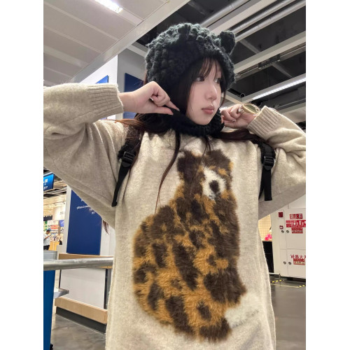 美式馬海毛小狗印花針織套頭毛衣女款秋冬慵嬾風寬鬆休閒長袖上衣