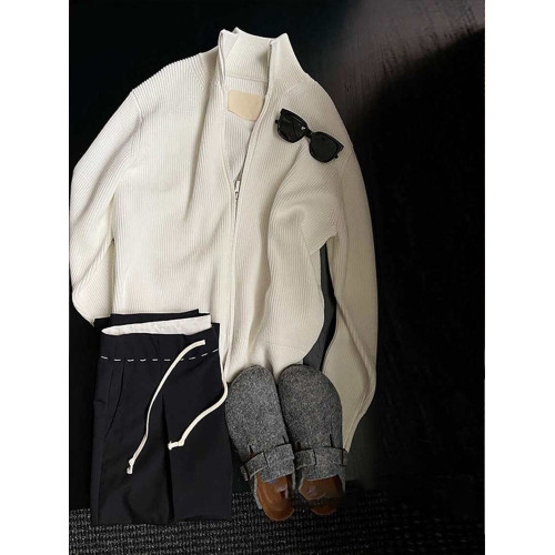 cleanfit黑色雙拉鍊開衫毛衣男秋季美式復古慵懶風針織衫立領外套