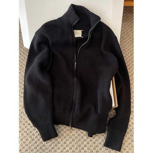 cleanfit黑色雙拉鍊開衫毛衣男秋季美式復古慵懶風針織衫立領外套