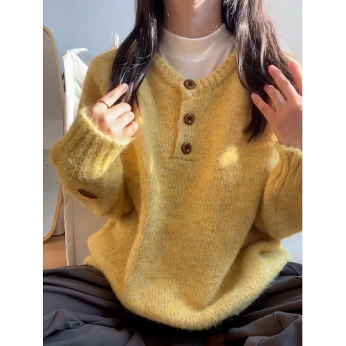 大碼軟糯黃色圓領毛衣女2026早春打底衫微胖mm寬鬆顯瘦針織衫上衣