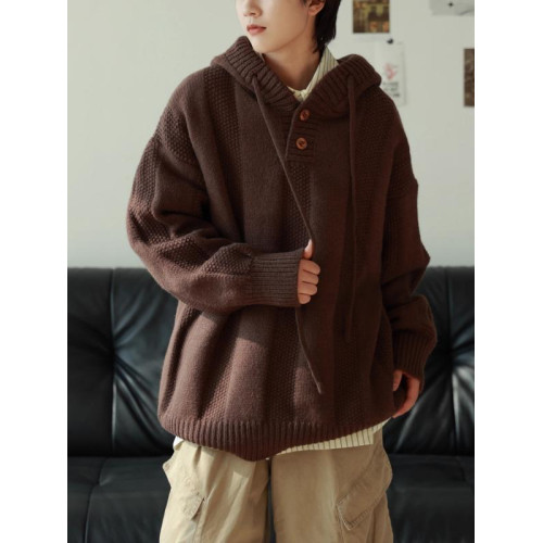 秋冬氛圍感百搭保暖日系毛衣男生寬松休閒小衆慵懶風連帽針織外套