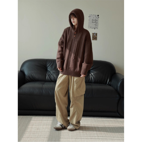 秋冬氛圍感百搭保暖日系毛衣男生寬松休閒小衆慵懶風連帽針織外套