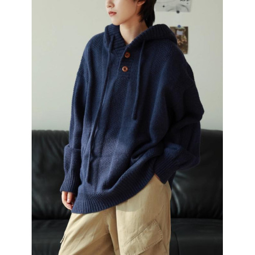 秋冬氛圍感百搭保暖日系毛衣男生寬松休閒小衆慵懶風連帽針織外套