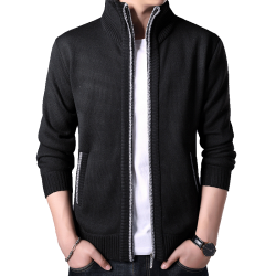 秋冬新款男士開衫拉鍊毛衣加絨加厚夾克純色百搭男針織衫上衣外套