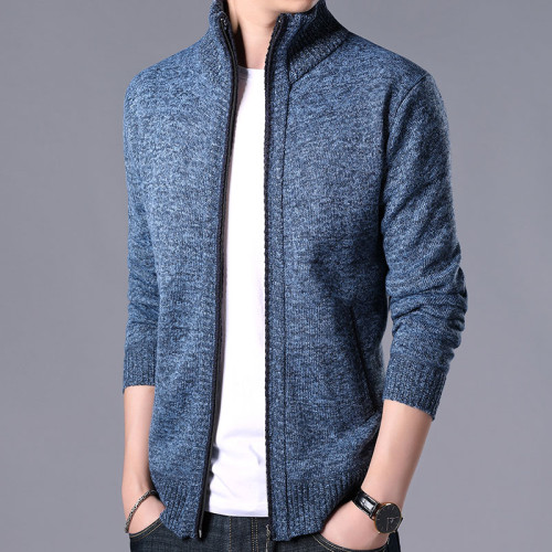 秋冬新款男士開衫拉鍊毛衣加絨加厚夾克純色百搭男針織衫上衣外套