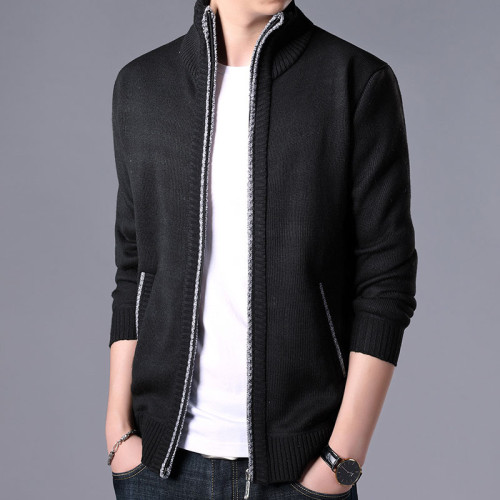 秋冬新款男士開衫拉鍊毛衣加絨加厚夾克純色百搭男針織衫上衣外套