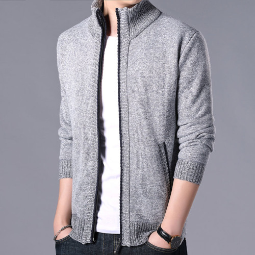 秋冬新款男士開衫拉鍊毛衣加絨加厚夾克純色百搭男針織衫上衣外套