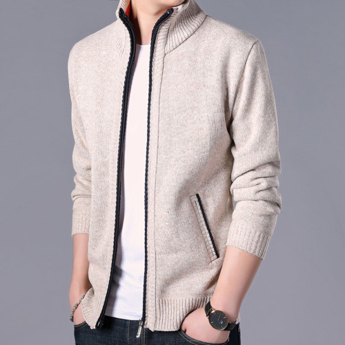 秋冬新款男士開衫拉鍊毛衣加絨加厚夾克純色百搭男針織衫上衣外套