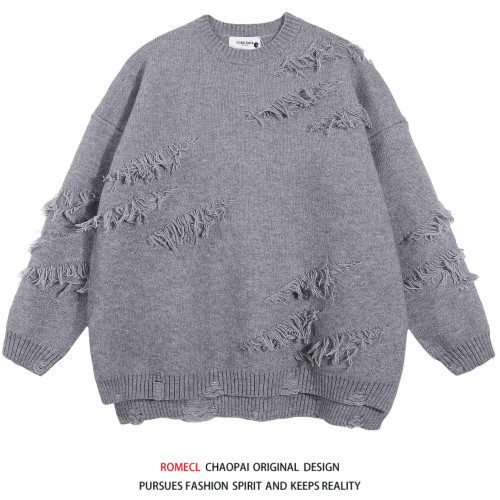 ROMECL秋冬潮牌破洞百搭男女保暖美式休閒日系復古百搭毛衣針織衫