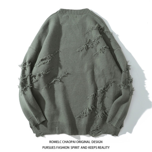 ROMECL秋冬潮牌破洞百搭男女保暖美式休閒日系復古百搭毛衣針織衫