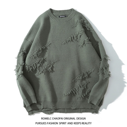 ROMECL秋冬潮牌破洞百搭男女保暖美式休閒日系復古百搭毛衣針織衫