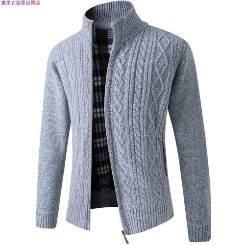 秋冬新款男裝休閒毛衣加絨加厚立領男士寬松純色針織衫保暖外套潮
