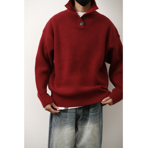 LH store日系休閒紅色polo領毛衣男女秋冬季寬鬆針織高領打底衫潮