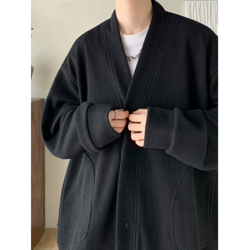 純黑色日系慵懶風外套男潮高級感華夫格V領針織開衫情侶春秋夾克