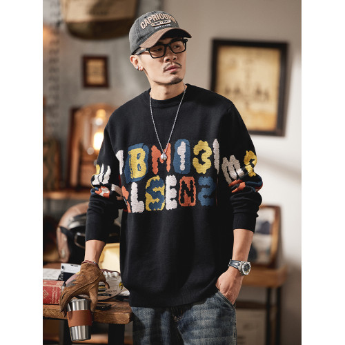 胖胖火星大碼男裝時尚休閒寬松毛衣男胖子字母提花潮流打底針織衫