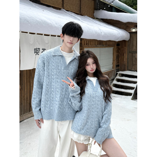 韓系假兩件翻領套頭針織衫男女情侶裝秋冬季寬松純色休閒麻花毛衣