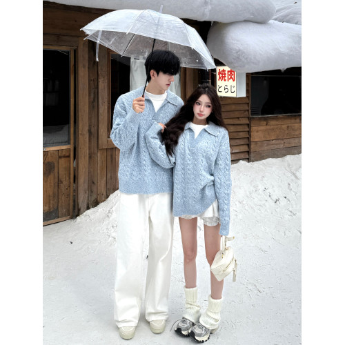 韓系假兩件翻領套頭針織衫男女情侶裝秋冬季寬松純色休閒麻花毛衣