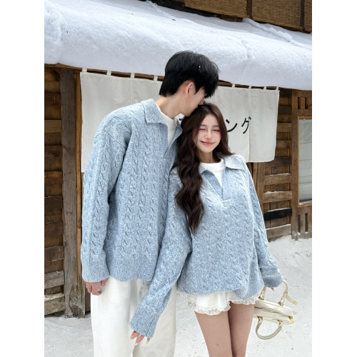 韓系假兩件翻領套頭針織衫男女情侶裝秋冬季寬松純色休閒麻花毛衣