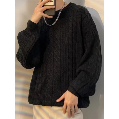 日系麻花長袖毛衣男女款加厚寬松圓領線衣內搭ins潮秋冬季針織衫