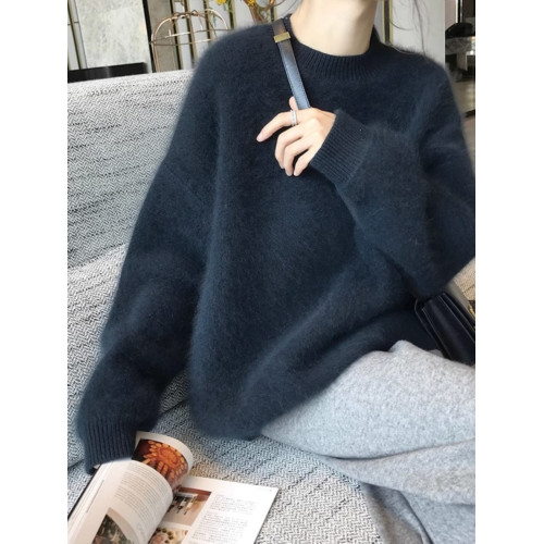 水貂絨毛衣女秋冬黑色新款套頭寬鬆慵嬾外穿加厚打底針織軟糯上衣