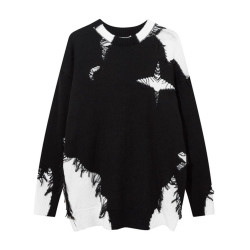 美式復古學院風圓領套頭毛衣男秋冬設計感撞色毛邊拼接針織衫外套