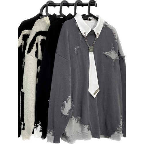 美式復古學院風圓領套頭毛衣男秋冬設計感撞色毛邊拼接針織衫外套