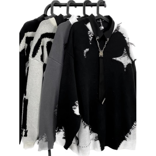 美式復古學院風圓領套頭毛衣男秋冬設計感撞色毛邊拼接針織衫外套