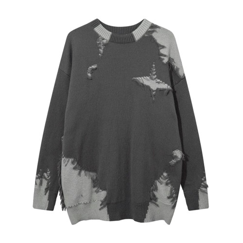 美式復古學院風圓領套頭毛衣男秋冬設計感撞色毛邊拼接針織衫外套