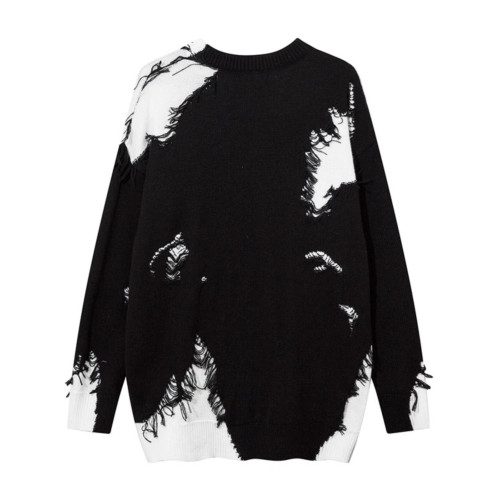 美式復古學院風圓領套頭毛衣男秋冬設計感撞色毛邊拼接針織衫外套