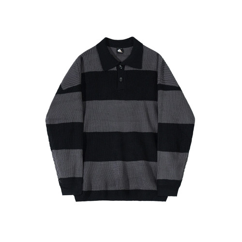 MRCYC撞色條紋polo針織衫男士秋季韓系潮流繙領毛衣寬鬆休閒上衣