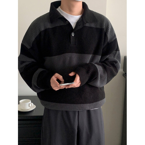 MRCYC撞色條紋polo針織衫男士秋季韓系潮流繙領毛衣寬鬆休閒上衣