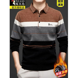 啄木鳥長袖雪尼爾毛衣男士秋冬高檔翻領t恤加絨加厚打底衫針織衫