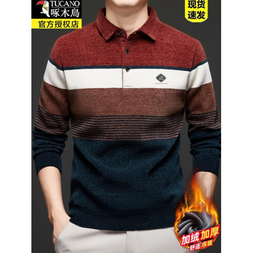 啄木鳥長袖雪尼爾毛衣男士秋冬高檔翻領t恤加絨加厚打底衫針織衫