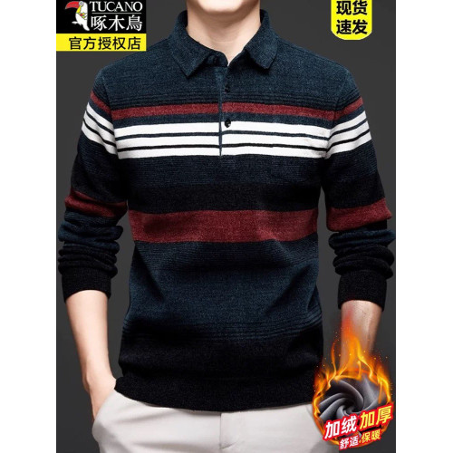啄木鳥長袖雪尼爾毛衣男士秋冬高檔翻領t恤加絨加厚打底衫針織衫