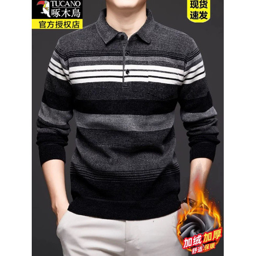 啄木鳥長袖雪尼爾毛衣男士秋冬高檔翻領t恤加絨加厚打底衫針織衫