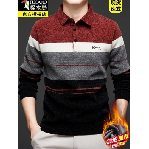 啄木鳥長袖雪尼爾毛衣男士秋冬高檔翻領t恤加絨加厚打底衫針織衫