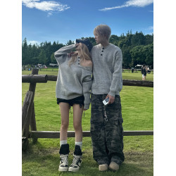 美式復古亨利領毛衣男女情侶裝秋冬季慵懶風cleanfit高級感針織衫