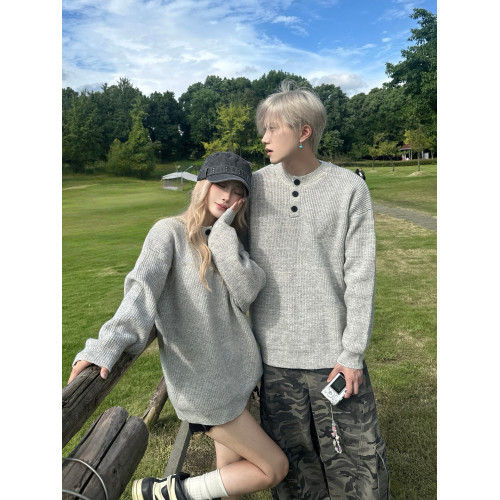 美式復古亨利領毛衣男女情侶裝秋冬季慵懶風cleanfit高級感針織衫