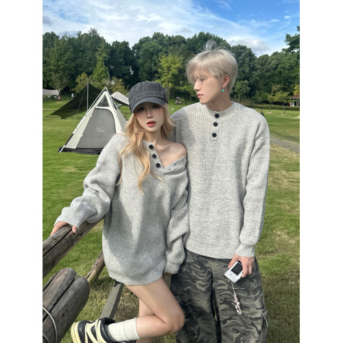 美式復古亨利領毛衣男女情侶裝秋冬季慵懶風cleanfit高級感針織衫