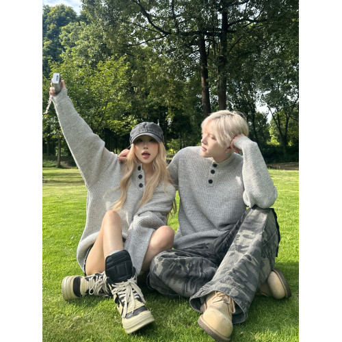 美式復古亨利領毛衣男女情侶裝秋冬季慵懶風cleanfit高級感針織衫