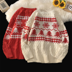 聖誕雪花情侶裝毛衣男女秋冬ins港風慵懶寬松針織衫套頭休閒上衣