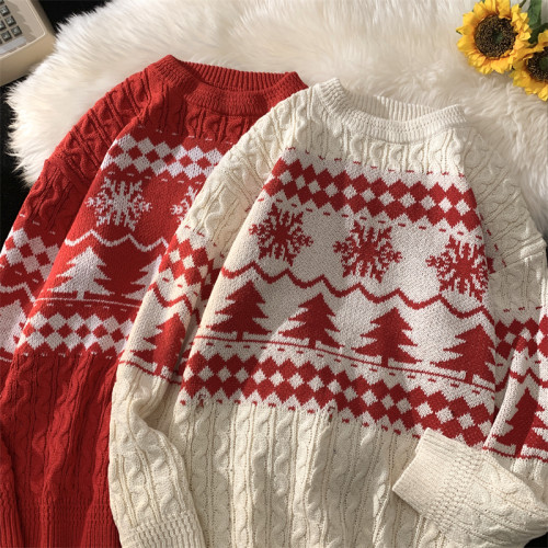 聖誕雪花情侶裝毛衣男女秋冬ins港風慵懶寬松針織衫套頭休閒上衣