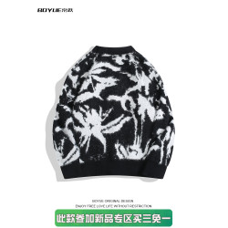 BOYUE帛躍秋冬小衆仿貂毛V領針織開衫復古提花紥染毛衣外套男女潮