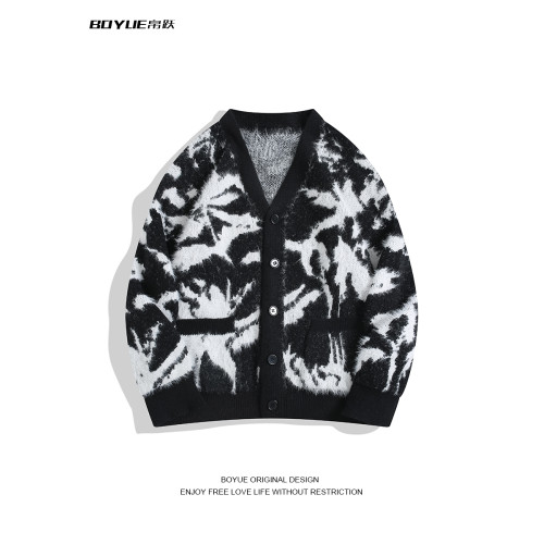 BOYUE帛躍秋冬小衆仿貂毛V領針織開衫復古提花紥染毛衣外套男女潮