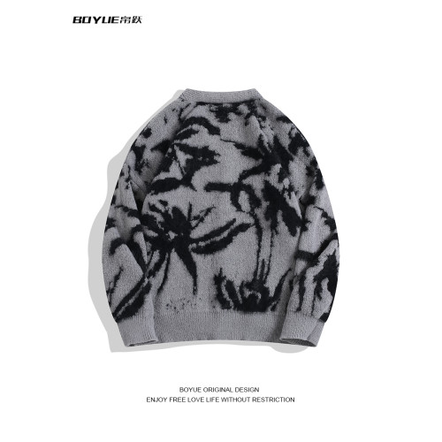 BOYUE帛躍秋冬小衆仿貂毛V領針織開衫復古提花紥染毛衣外套男女潮