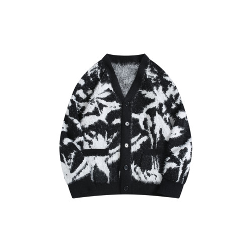 BOYUE帛躍秋冬小衆仿貂毛V領針織開衫復古提花紥染毛衣外套男女潮