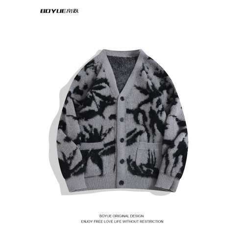 BOYUE帛躍秋冬小衆仿貂毛V領針織開衫復古提花紥染毛衣外套男女潮