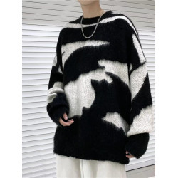 馬海毛慵懶休閒寬松毛衣男女秋冬季韓版潮流不規則黑白撞色針織衫