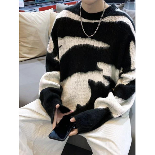 馬海毛慵懶休閒寬松毛衣男女秋冬季韓版潮流不規則黑白撞色針織衫